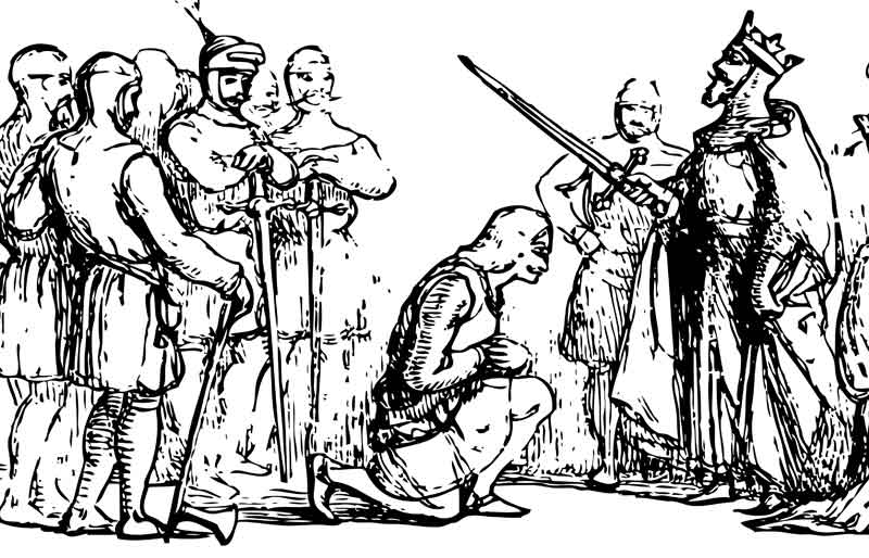 Knighting a member of his court with a sword.