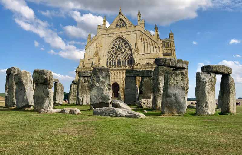 Exeter Cathedral superimposed behind the standing stones.