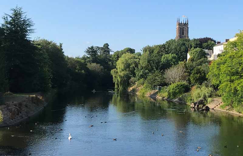 View from Bridge Street with river and St Peter's Church.