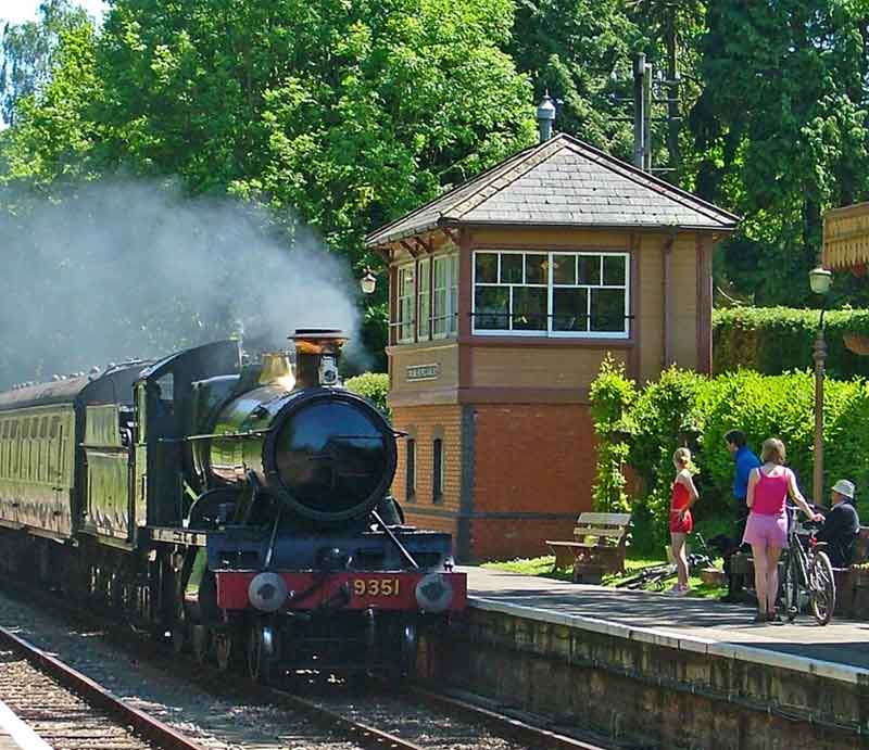 Steam locomotive at Crowcombe Heathfield station.